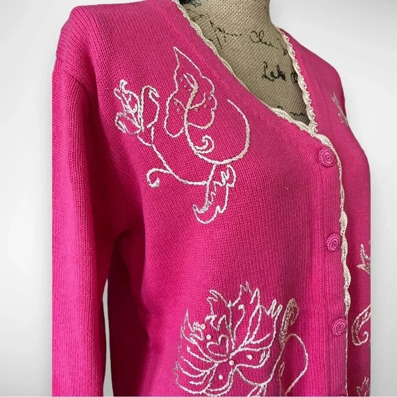 STORYBOOK KNITS Vintage Henna Floral Pink Cardigan W/ Embroidery Medium NWT - Picture 4 of 14